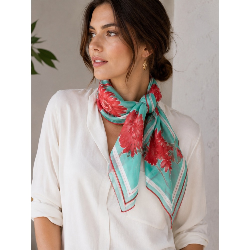 Vera Silk Floral Scarf Aqua Red Sheer 29" Square Scarf Vintage Rolled Edge
